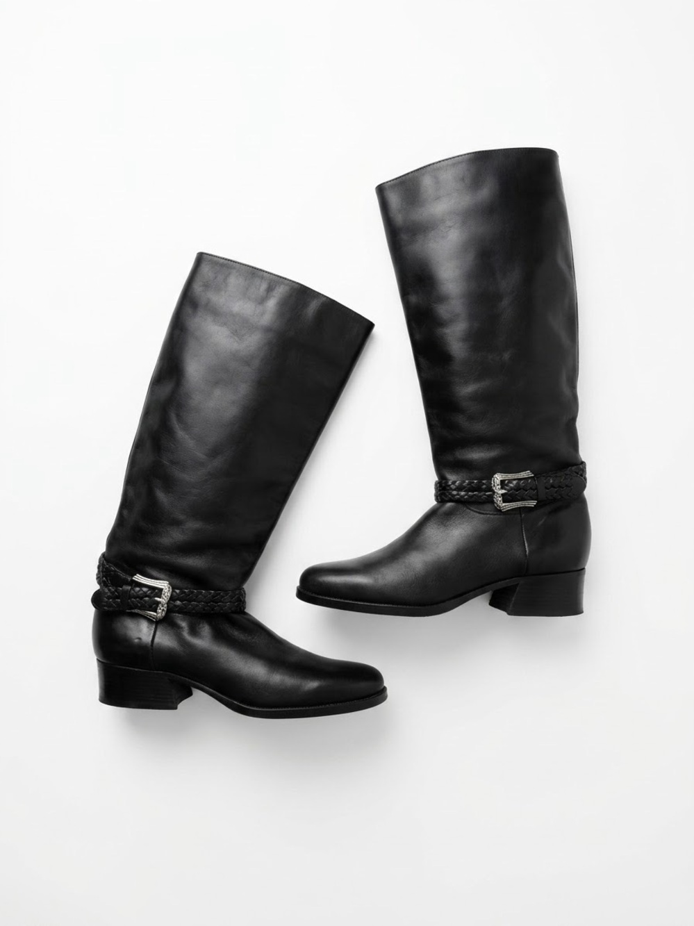 Brighton Black Leather Tall Riding Boots Braided Harness Buckle Detail Size 8